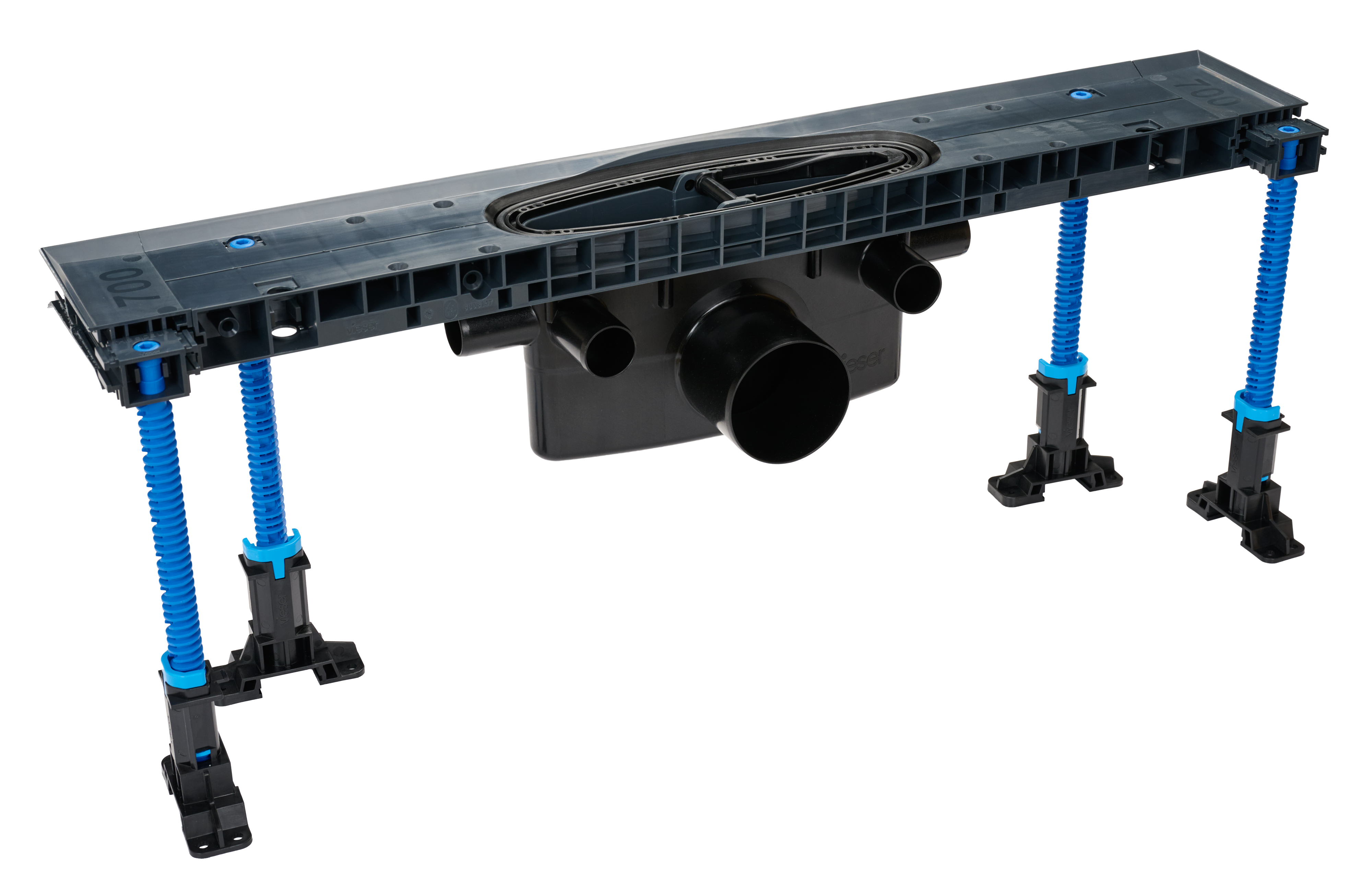 Vieser Kaita golvbrunn DN75 4×32 sida och monteringsplatta 700, 800, 900